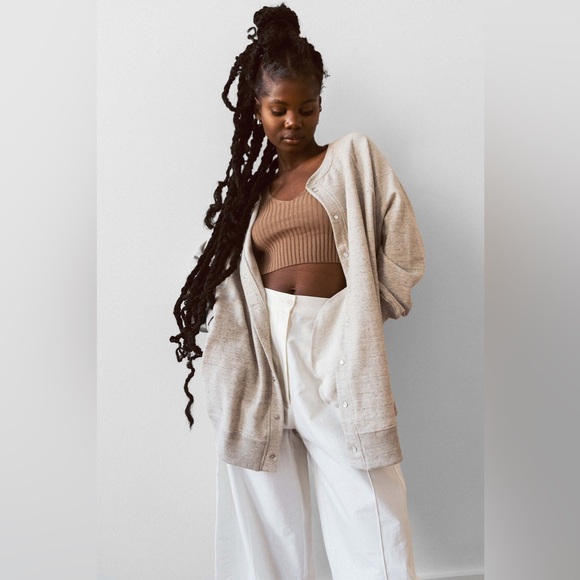 NWT - ICHI ANTIQUITIES- FRENCH TERRY BUTTON UP CARDIGAN - NATURAL - OS - Picture 3 of 5